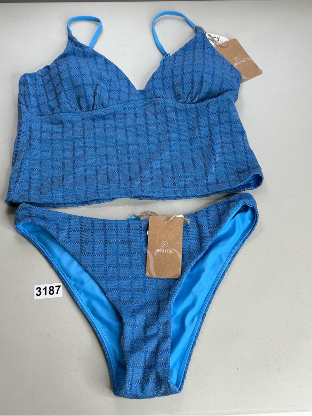 Berlook Tankini Bikini Set Blue Mesh XL Top Large Bottom NWT Swimwear